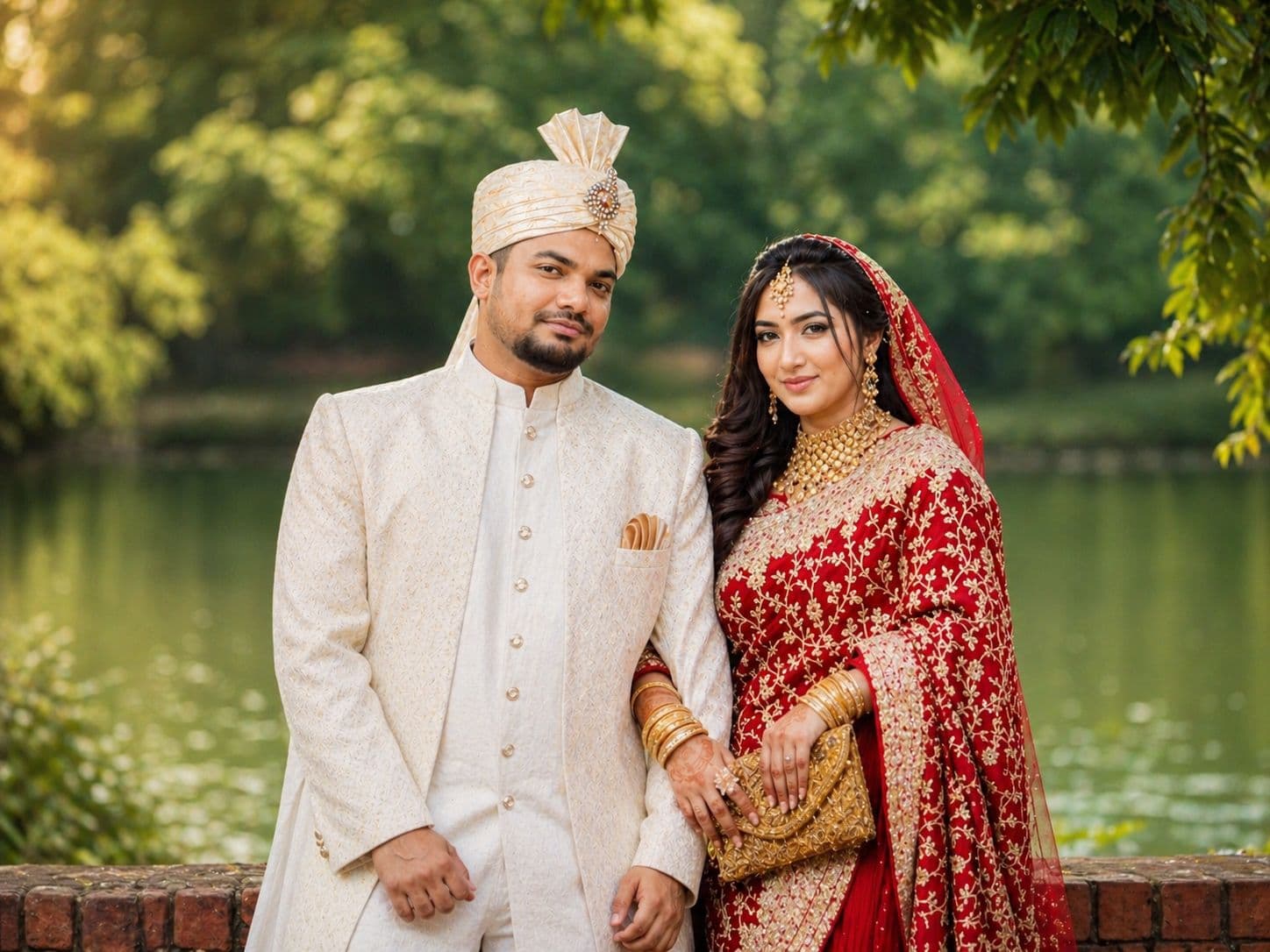 Couple by a lakeside on their wedding day