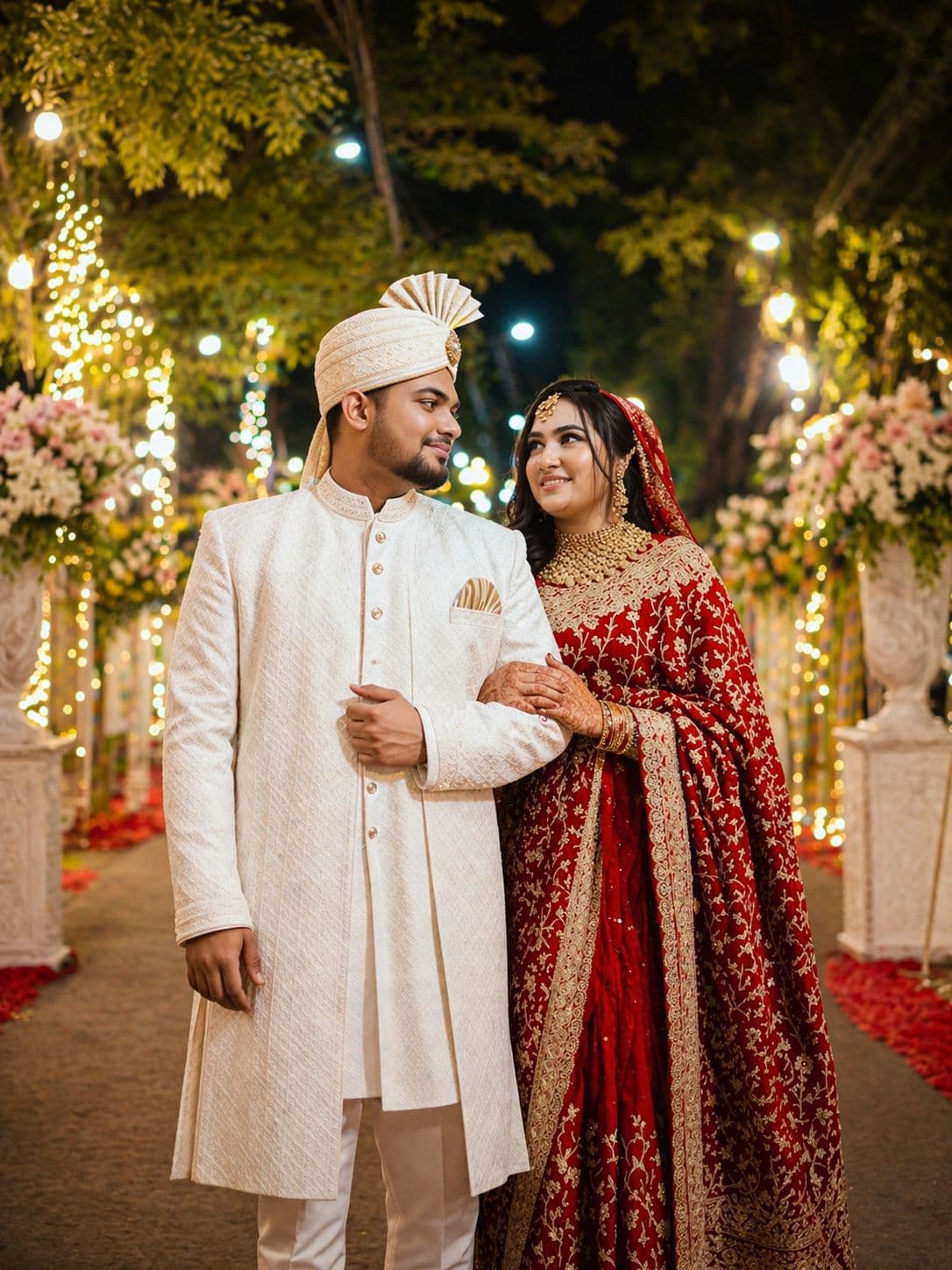 Couple under fairy-lit aisle on their wedding night