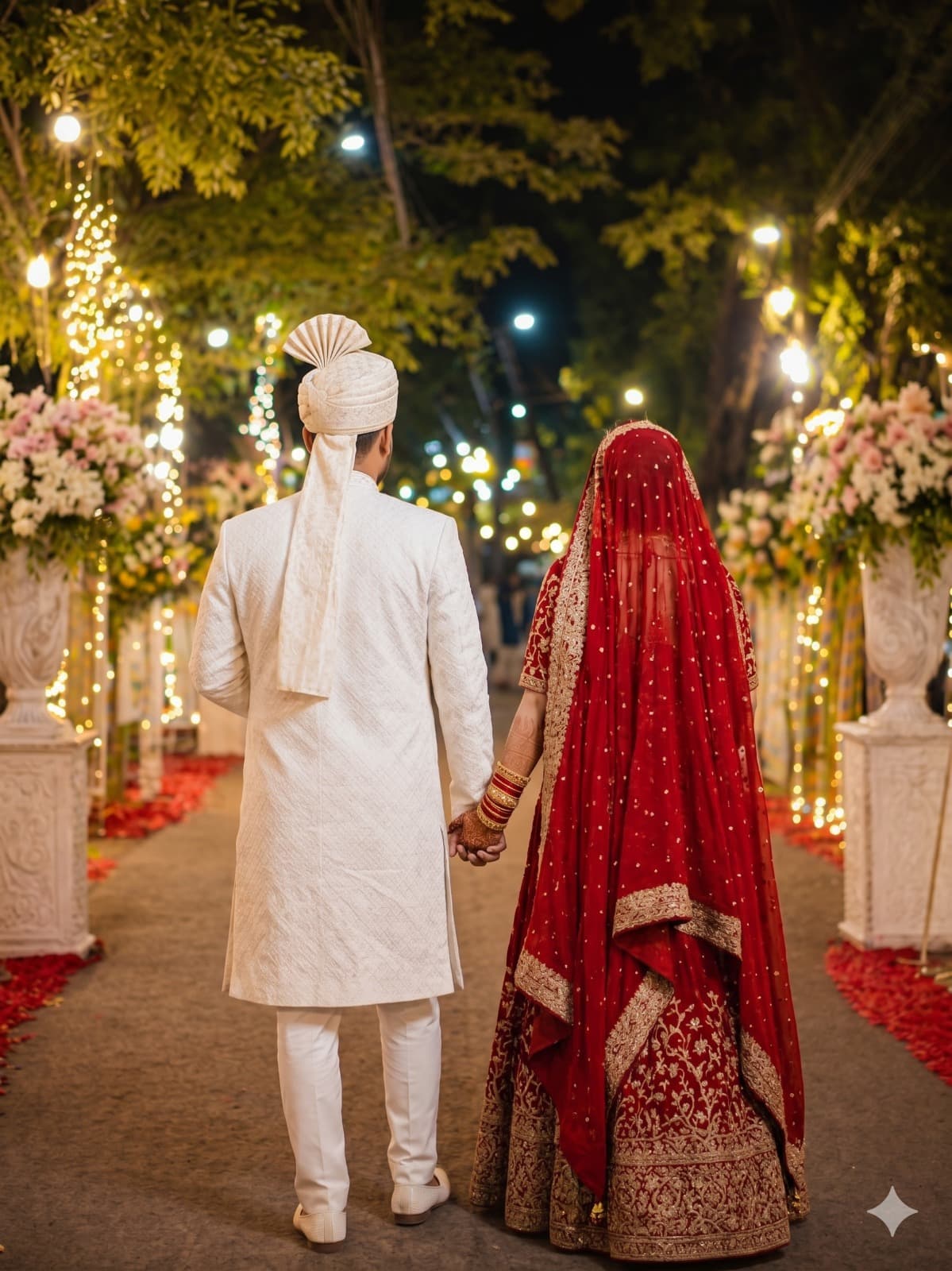 Couple walking together hand-in-hand at night